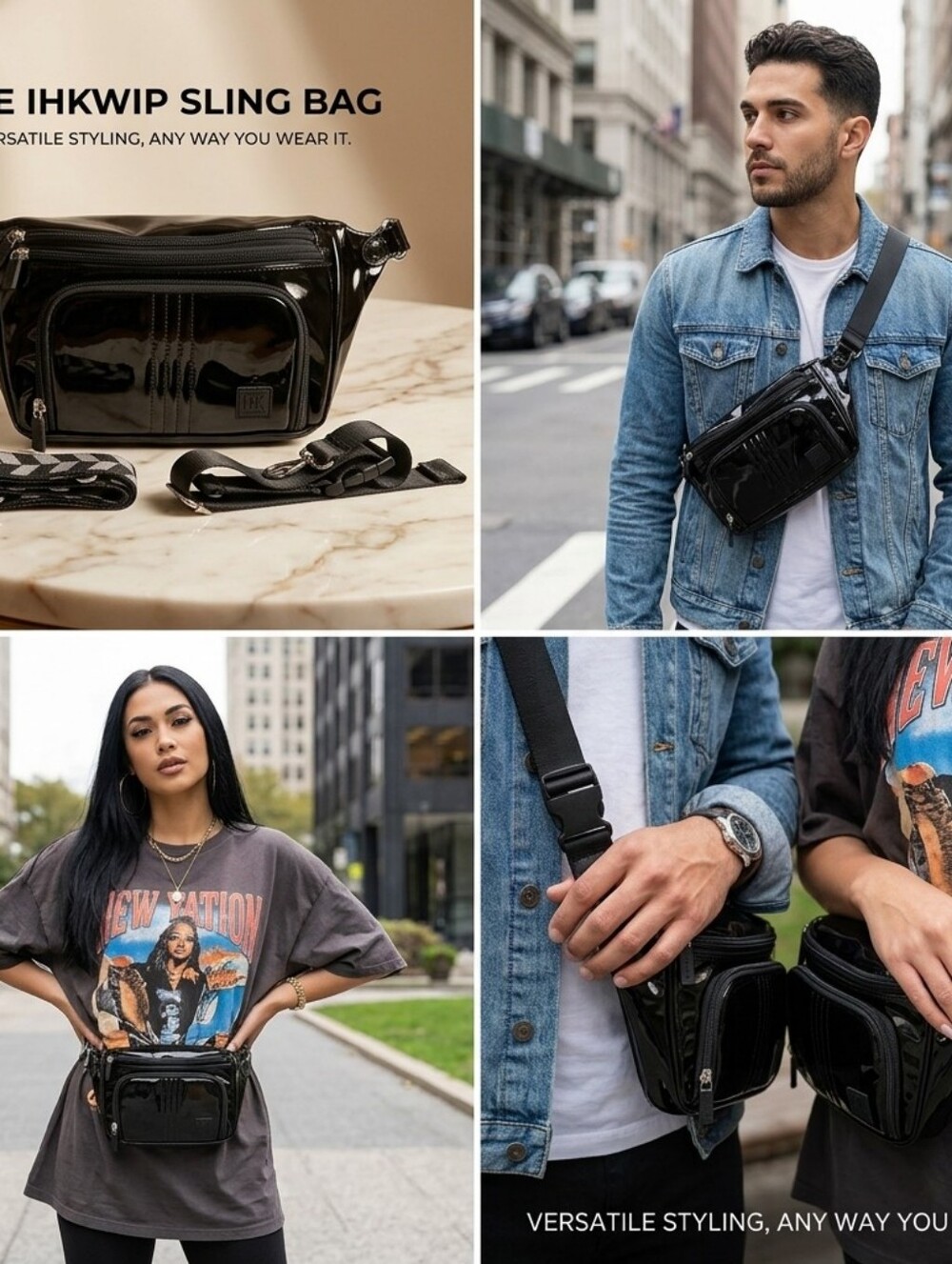 Unisex IxkWIp Black Patent Crossbody Bag with Detachable Straps